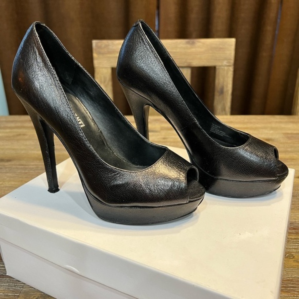 Black platform heels, open toe, size 5